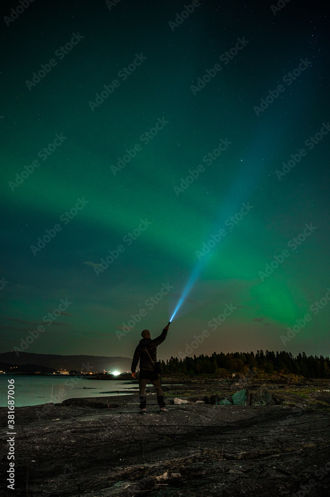 Northern lights over flatholmen, Stjordal, Norway. Aurora Borealis