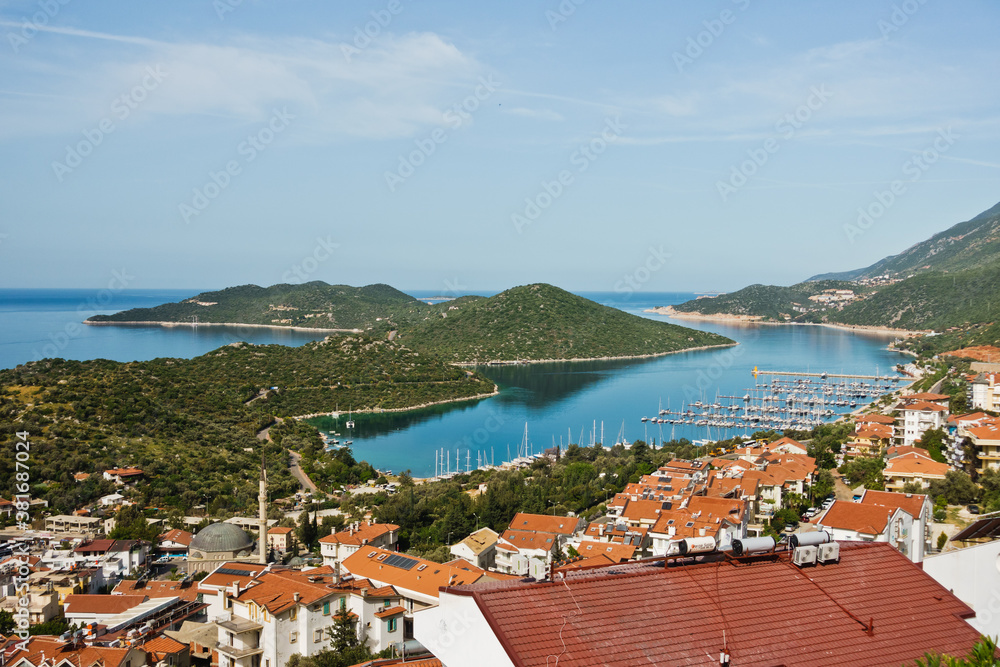 Obraz premium Panorama of city and bay with surrounding landscape at morning, Kas, Turkey