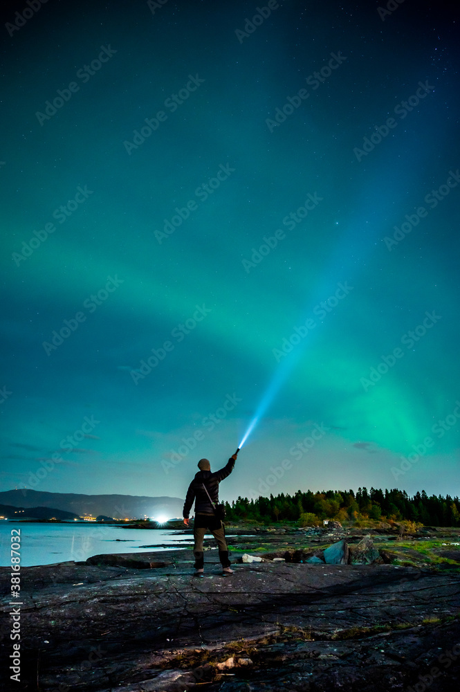 Northern lights over flatholmen, Stjordal, Norway. Aurora Borealis