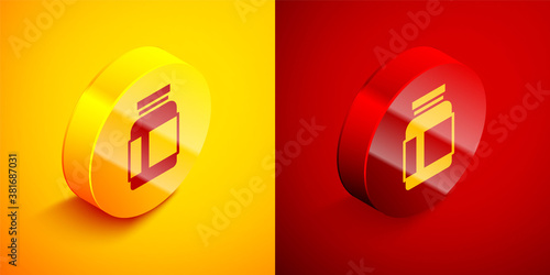 Isometric Sports nutrition bodybuilding proteine power drink and food icon isolated on orange and red background. Circle button. Vector.