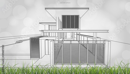 Conceptual image of house perspective render. 3D wireframe rendering with light blurred bokeh background. Vector.