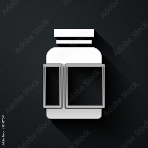 Silver Sports nutrition bodybuilding proteine power drink and food icon isolated on black background. Long shadow style. Vector.