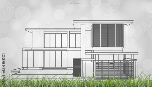 Conceptual image of house perspective render. 3D wireframe rendering with light blurred bokeh background. Vector.
