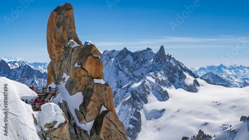 Top of Voie Rebuffat near Aiguille du Midi peak with view of the distant Grande Jorasses. Mont Blanc Mountain Range, Chamonix, Hautes-Savoie (74), European Alps, France