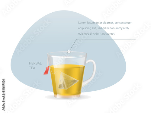 Realistic glass transparent cup with hot fresh black tea in pyramidal tea bag infographic on a light background vector