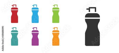 Black Fitness shaker icon isolated on white background. Sports shaker bottle with lid for water and protein cocktails. Set icons colorful. Vector.
