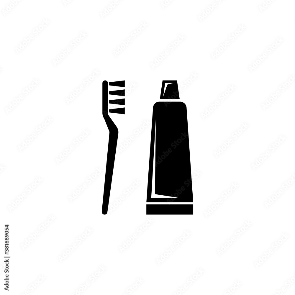 Toothpaste Tube and Toothbrush. Flat Vector Icon illustration. Simple black symbol on white background. Toothpaste Tube and Toothbrush sign design template for web and mobile UI element. Toothpaste Tube and Toothbrush. Flat Vector Icon illustration. Simple black symbol on white background. Toothpaste Tube and Toothbrush sign design template for web and mobile UI element.