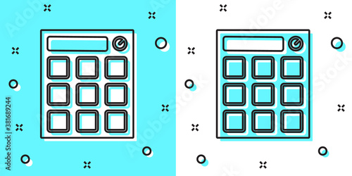 Black line Drum machine music producer equipment icon isolated on green and white background. Random dynamic shapes. Vector.