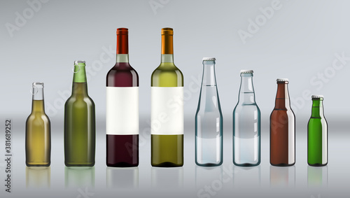 Clear Water Or Beer Glass Bottles Set Isolated