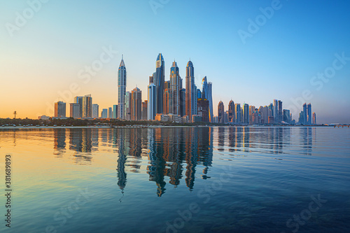 Amazing and Luxury Dubai Marina - famous Jumeirah beach at sunrise, United Arab Emirates 