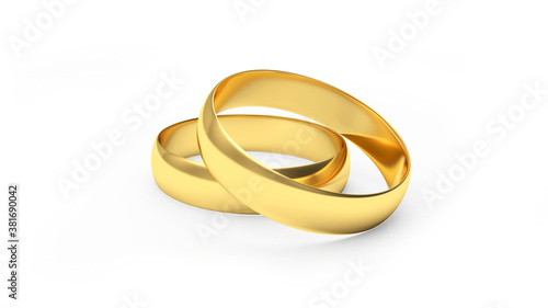 Two gold wedding rings isolated on white background. 3D illustration