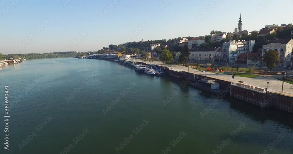 Sava River, Belgrade Serbia. Panoramic View of a Riverbank Waterfront Cityscape on Sunny Summer Morning Sava River, Belgrade Serbia. Panoramic View of a Riverbank Waterfront Cityscape on Sunny Summer Morning