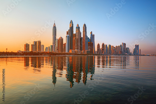 Amazing and Luxury Dubai Marina - famous Jumeirah beach at sunrise, United Arab Emirates 