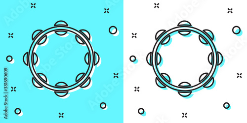 Black line Musical instrument percussion tambourine, with metal plates icon isolated on green and white background. Random dynamic shapes. Vector.