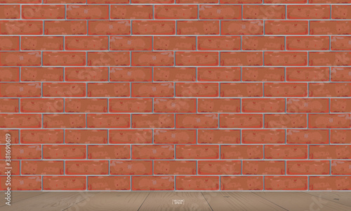 Empty room space of red brick wall and wooden floor. Interior space for design idea and decoration. Vector.