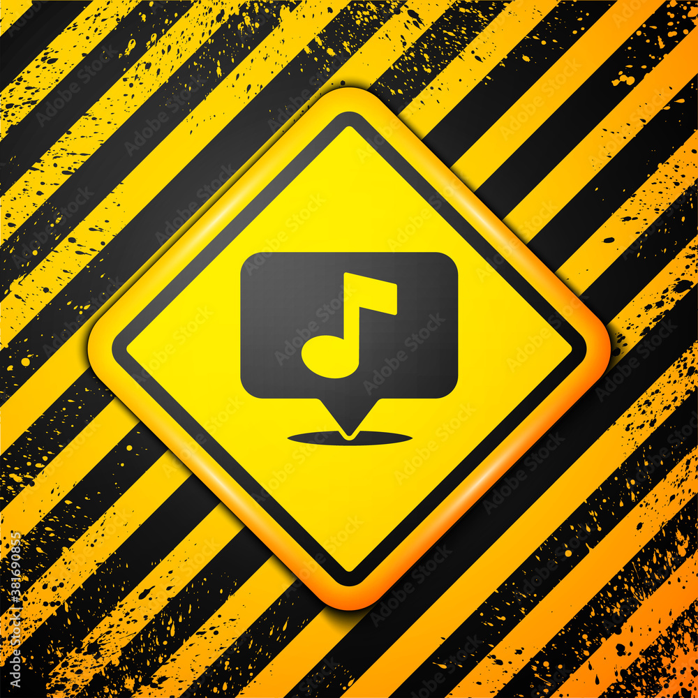 Black Musical note in speech bubble icon isolated on yellow background. Music and sound concept. Warning sign. Vector. Black Musical note in speech bubble icon isolated on yellow background. Music and sound concept. Warning sign. Vector.