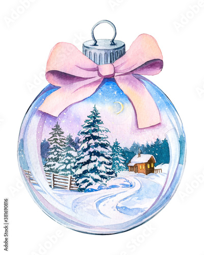 Christmas toy ball with a pink bow, inside a winter landscape, watercolor handmade.