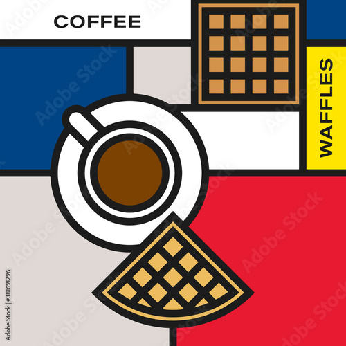 Coffee cup with two waffles. Modern style art with rectangular colour blocks. Piet Mondrian style pattern. photo