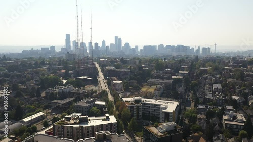 Aerial / drone footage of Capitol Hill, Miller Park, Squire Park, Stevens near downtown Seattle with smoke in the air from the Washington State wildfires in Seattle, Washington photo