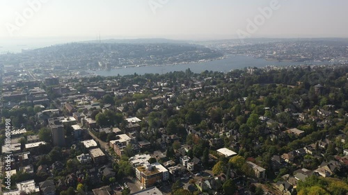 Aerial / drone footage of Capitol Hill, Eastlake, Westlake near downtown Seattle with smoke in the air from the Washington State wildfires in Seattle, Washington photo