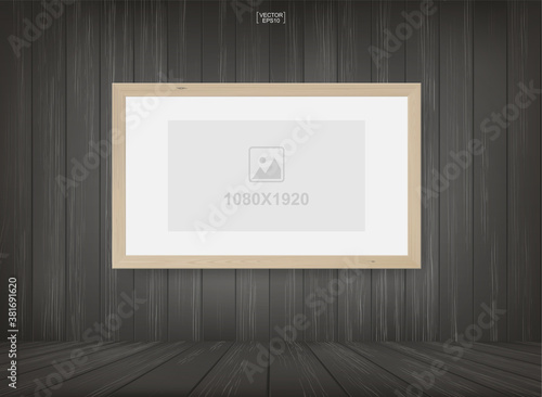 Empty photo frame or picture frame background in wooden room space background. For room design and interior decoration. Vector.