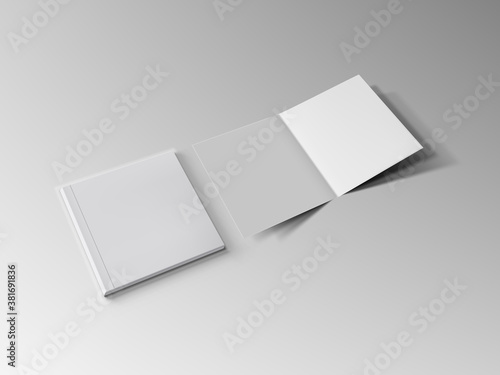 3D Open Blank Clear Square Book On Gray Background photo