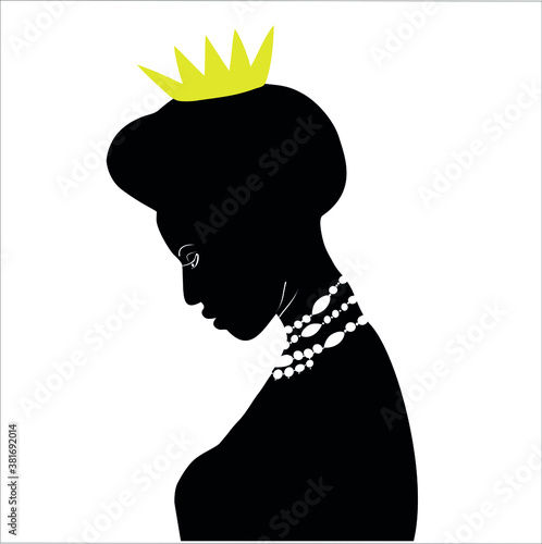 Silhouette of a young beautiful African woman with a crown. View profile. Princess with a golden crown. Thoughtful and modest girl. Print, poster, t-shirt, postcard. Vector graphics 