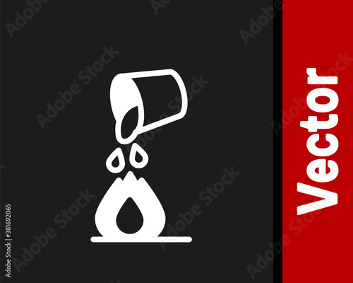 White Water bucket extinguishing a fire icon isolated on black background. Vector.