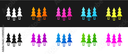 Set Trees icon isolated on black and white background. Forest symbol. Vector.