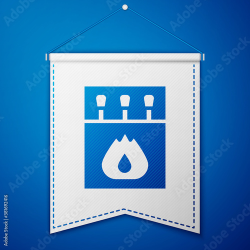 Blue Open matchbox and matches icon isolated on blue background. White pennant template. Vector.