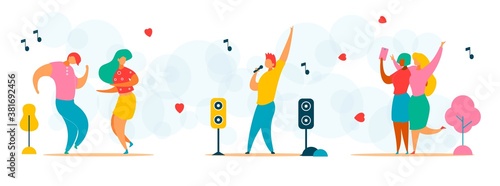 Flat cartoon characters trendy people dancing, singing