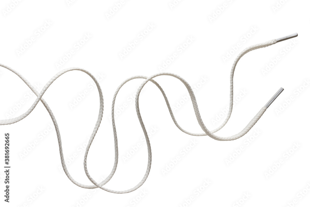 two long unbound wriggling white shoe laces isolated on white - obrazy, fototapety, plakaty 