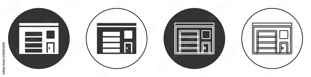Black Building of fire station icon isolated on white background. Fire department building. Circle button. Vector. Black Building of fire station icon isolated on white background. Fire department building. Circle button. Vector.