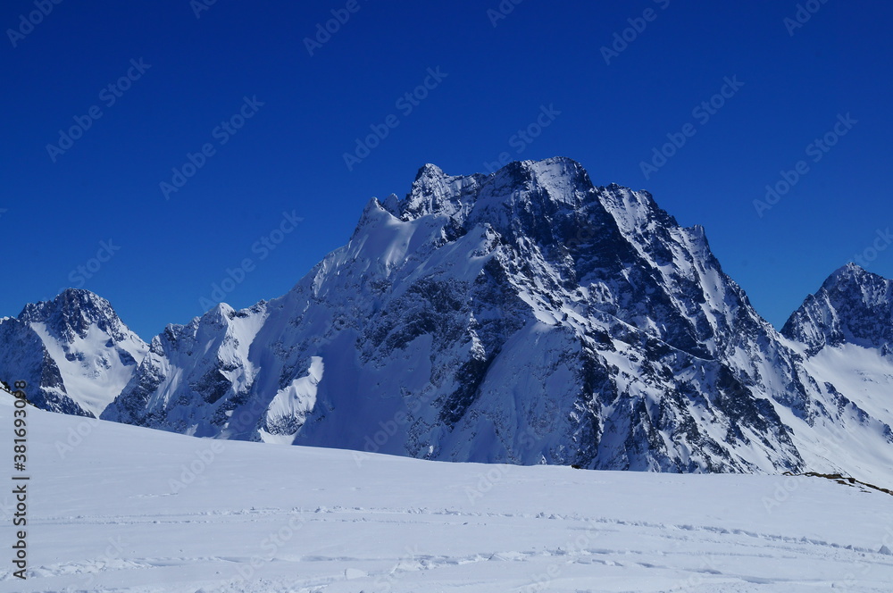 mountain landscape, forest, snow, skiing, stones, rocks