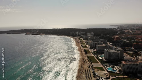 Mallorca Island Riviera, Spain, Aerial View of Beachfront on Mediterranean Sea. Popular Summer Vacation Destination, Drone Shot photo