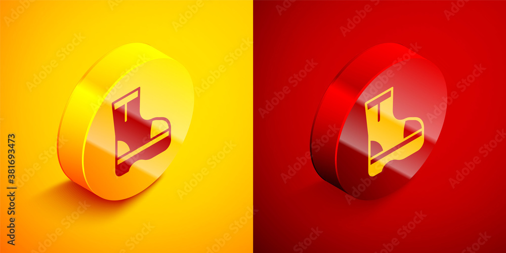 Isometric Fire boots icon isolated on orange and red background. Circle button. Vector. Isometric Fire boots icon isolated on orange and red background. Circle button. Vector.