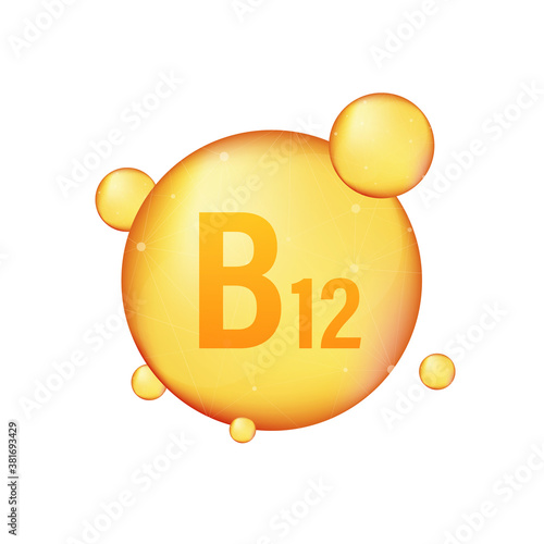Vitamin B 12 gold shining icon. Ascorbic acid. Vector illustration