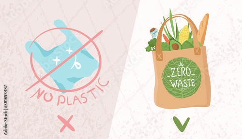Pollution problem concept. Say no to plastic bags, bring your own textile bag. Cartoon style image. A call to stop using the disposable polythene bag. Flat vector illustration