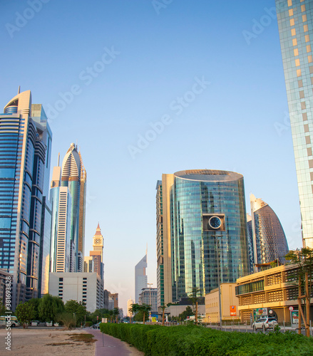 Dubai Financial Center road. Landmarks such Jumeirah Emirates towers, Ritz Carlton, Park towers, DIFC on the picture. photo