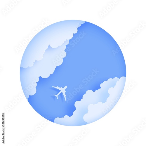 Silhouette of a passenger plane flying in the sky in paper cut style Round frame cut out of cardboard clouds and airplane in blue sky, top view origami landscape. 3d vector travel illustration concept