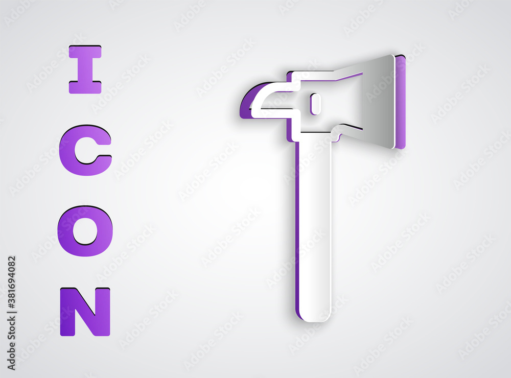 Paper cut Firefighter axe icon isolated on grey background. Fire axe. Paper art style. Vector. Paper cut Firefighter axe icon isolated on grey background. Fire axe. Paper art style. Vector.