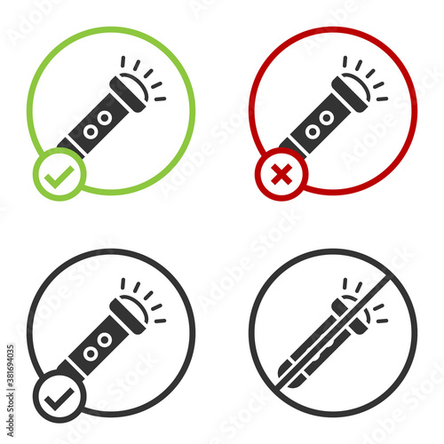 Black Flashlight icon isolated on white background. Circle button. Vector.