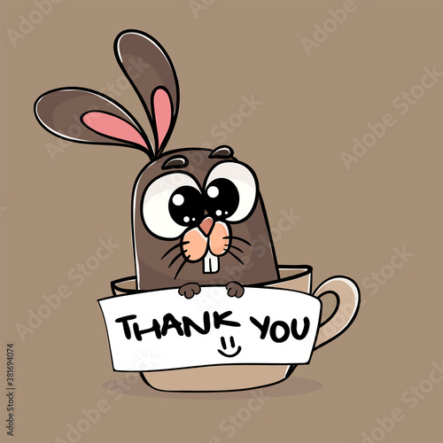 Rabbit Character design holding card with text thank you. Hand drawn text Thank you on illustration in kids doodle style. Picture with vector funny animals and placard