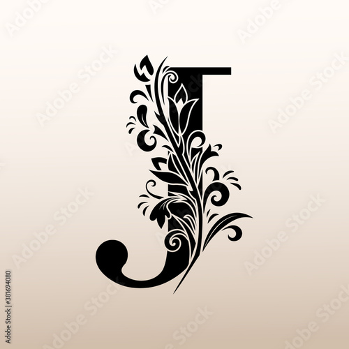 Elegant Simple monogram, letter J. Creative logo. Line art design. Branch with leaves. Vintage Emblem. Drawn Template for Book Design, Restaurant, Wedding, Boutique, Invitation. Vector illustration