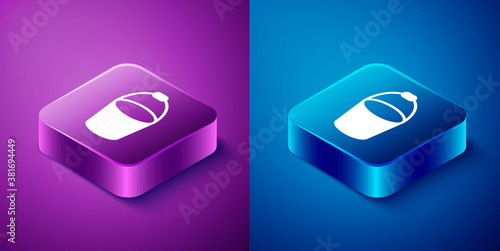 Isometric Fire bucket icon isolated on blue and purple background. Metal bucket empty or with water for fire fighting. Square button. Vector.