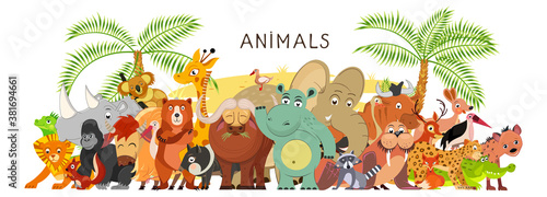 Large group of animals in cartoon flat style stand together. World fauna. Vector illustration
