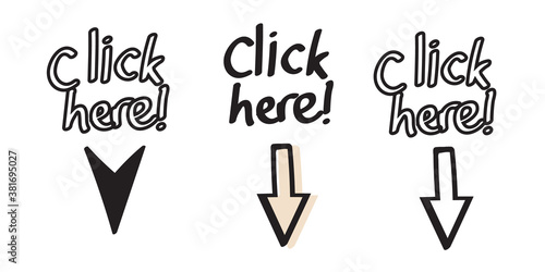hand drawn click here with arrow vector illustration. Sticker set for social media, web, video, poster, print and card.