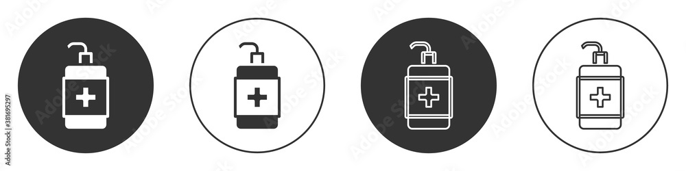 Black Hand sanitizer bottle icon isolated on white background. Disinfection concept. Washing gel. Alcohol bottle for hygiene. Circle button. Vector. Black Hand sanitizer bottle icon isolated on white background. Disinfection concept. Washing gel. Alcohol bottle for hygiene. Circle button. Vector.