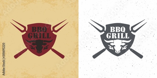 Set of color illustrations of a bull, fire, fork and shield. Vector illustration in vintage style with grunge texture on the background. Illustration for logo and emblem. Barbecue, grill advertising.