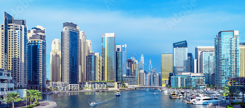 Dubai Marina skyline, yachts and famous promenade, United Arab Emirates